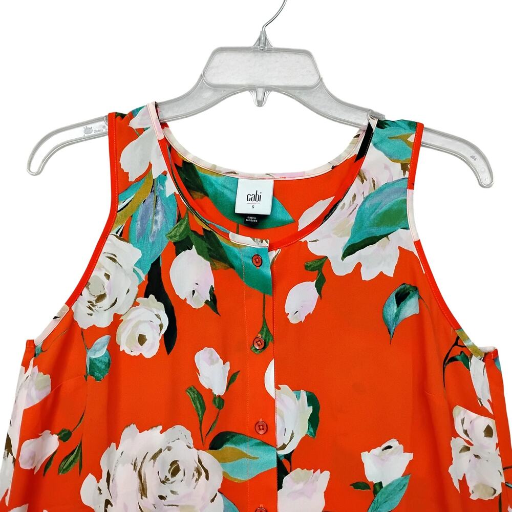 Cabi Casual Top Small Floral Orange White and Green Print Sleeveless Button Down - Picture 3 of 8